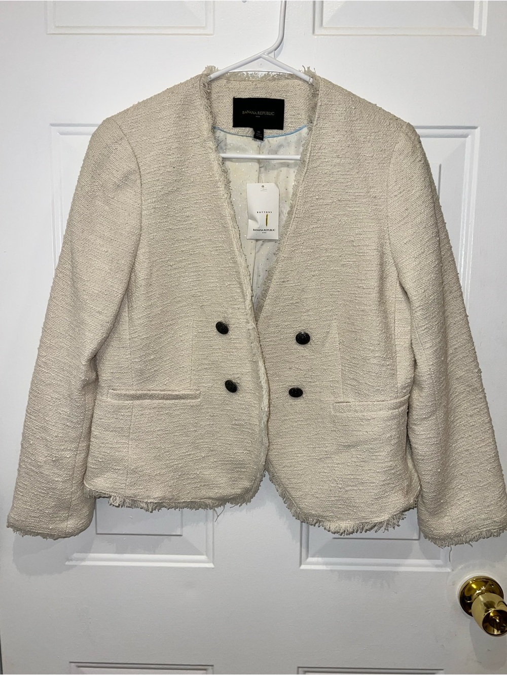 NWT Banana Republic Cream Tweed Double Breasted Blazer Fringe Jacket 10